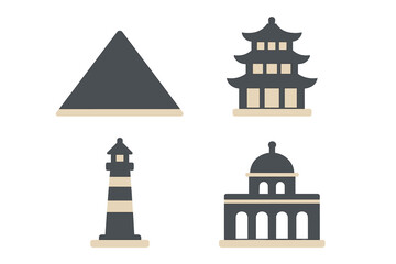 Diverse collection of famous global architectural landmarks and iconic building types in a minimalist graphic style