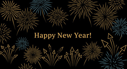 New Year celebration with fireworks and text on black background  