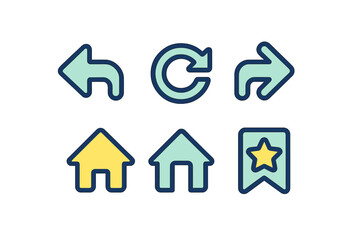 Set of user interface navigation icons featuring undo, redo, reply, home, and bookmark symbols for web and app design