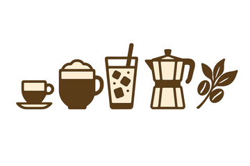 Assortment of coffee drinks and brewing equipment including espresso, iced coffee, moka pot, and coffee beans