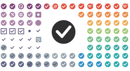 A collection of various check mark icons in different shapes, sizes, and colors arranged in a grid.