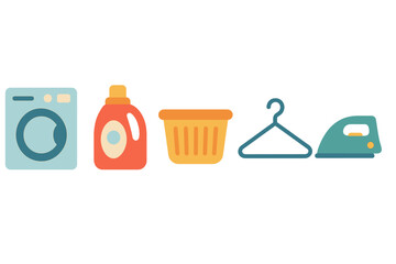 Household laundry appliances and clothing care items including washing machine, detergent, basket, hanger, and iron