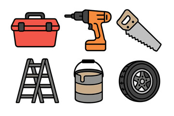 Essential home improvement, construction, and automotive repair tools including toolbox, drill, saw, ladder, paint, and car wheel