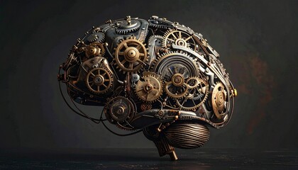 Human brain fused with mechanical gears, symbolizing cognitive machinery and the intersection of biology and technology.