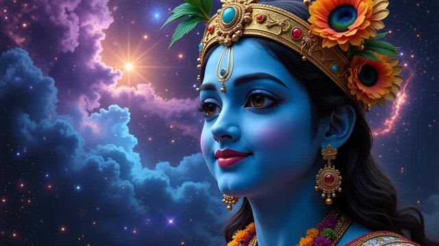 Lord Krishna's face glows against a cosmic nebula background, a stunning 4k video perfect for spiritual, artistic, and devotional projects