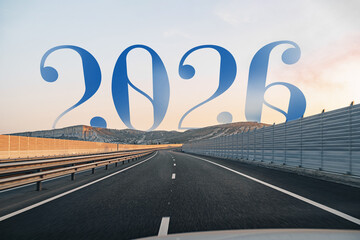 Road trip towards the future with a vibrant 2026 looming in the landscape