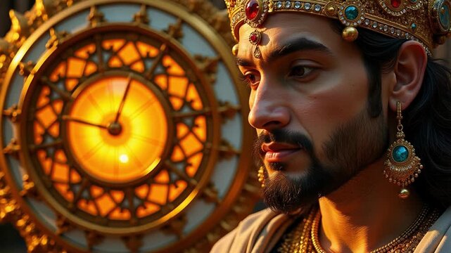 Lord Kubera's face in a close-up, set against a celestial wheel of time background, creating a stunning 4k video, perfect for spiritual and cultural projects.