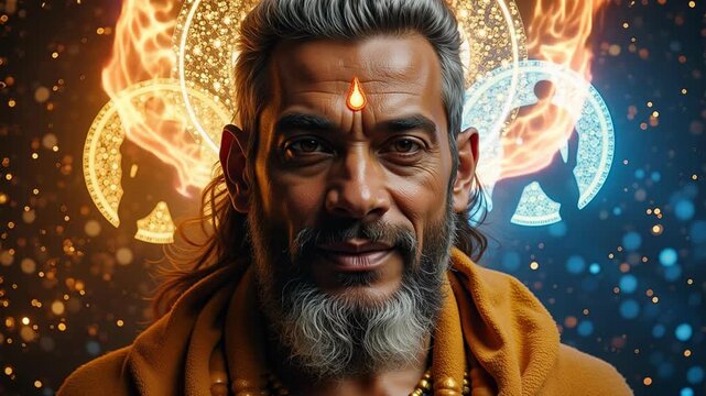 Stunning close up of Lord Kubera's divine face with a three-headed aura radiating power, wealth, and prosperity in vibrant 4k video.