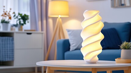 A unique 3D-printed lamp featuring a wavy top pattern radiates warm light in a living room, positioned beside a window with a view of greenery