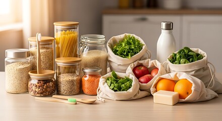 Sustainable kitchen goods and fresh produce arranged for eco friendly living