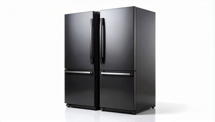 Two black refrigerators side by side on white background, showcasing French door and top-freezer designs.