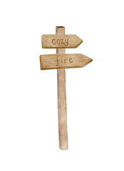 A digital watercolor illustration of a rustic wooden signpost with directional arrows, ideal for camping, hiking, and travel-themed projects.