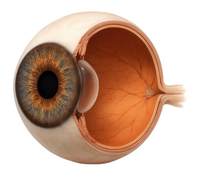 Detailed human eye anatomy on a white background.