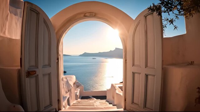 An open arch door overlooks a shimmering ocean and a distant sailing boat. The open arch door and boat set against the ocean scene create a tranquil atmosphere.