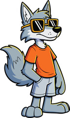 A cartoon wolf with sunglasses is standing with his hand in his pocket, wearing an orange tshirt and shorts, looking cool and confident
