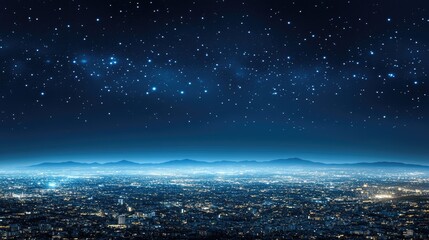The night sky glistens with stars, casting light onto the city while distant mountains provide a stunning backdrop under the clear blue evening atmosphere