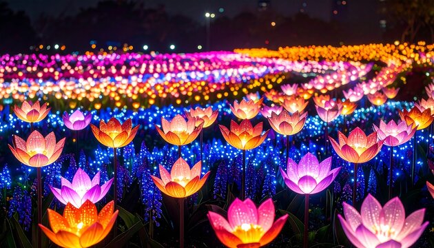 Night garden with colorful illuminated flower lights