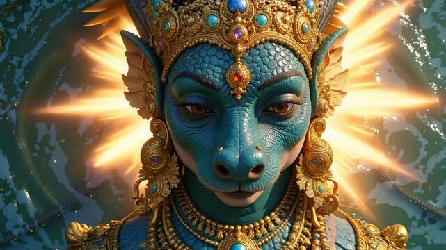 Stunning 4k video footage of Lord Matsya, a divine figure, radiating with ethereal light against a glowing background, perfect for spiritual projects