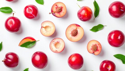 Fresh red plums with golden flesh and green leaves arranged on white background for food photography.