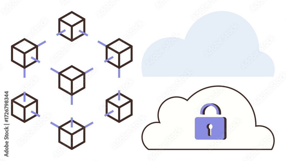Wall mural interconnected blockchain cubes beside a cloud with a lock icon represent network security, data sha