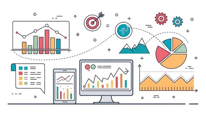 Colorful minimal line art style data flow analysis and digital analytics dashboard visualizations
