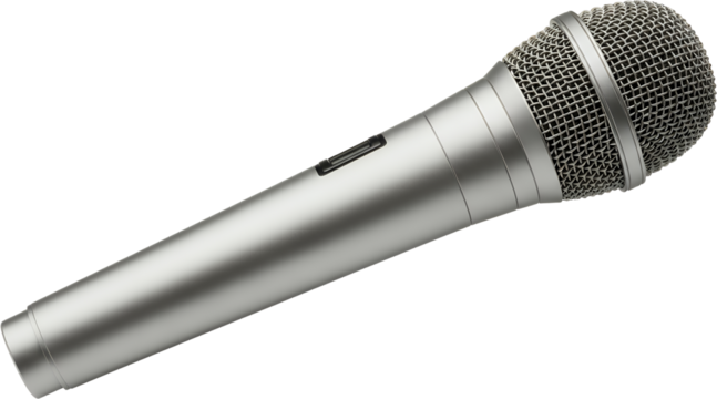A silver metallic microphone with a mesh grille and a small black on off switch isolated audio sound transparent background - Powered by Adobe