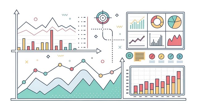 Colorful minimalist line art data flow charts graphs infographics visualizing information and analytics