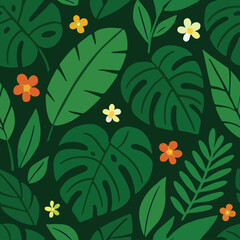 Tropical Forest Seamless Pattern with Monstera and Flowers