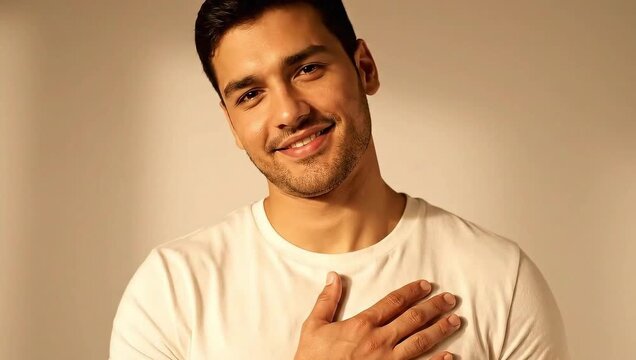 Smiling man with hand on his heart expresses sincerity and loyalty, a genuine moment of trustworthiness and connection in a video clip