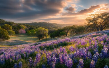 Obraz premium Scenic Landscape of Texas Bluebonnets at Sunset with Rolling Hills and Dramatic Sky