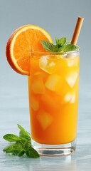 Fototapeta premium Orange juice drink with ice, mint, and orange slice