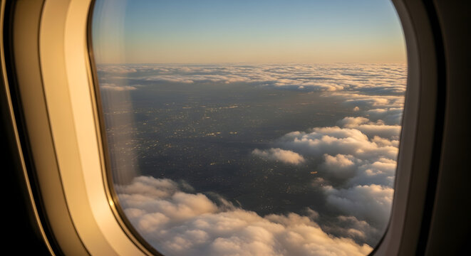 Aerial view of clouds and city lights from airplane window during golden hour sky - Powered by Adobe