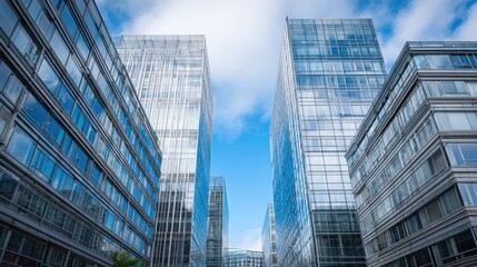 Modern Office Buildings with Glass Facades Reflecting Blue Sky and White Clouds