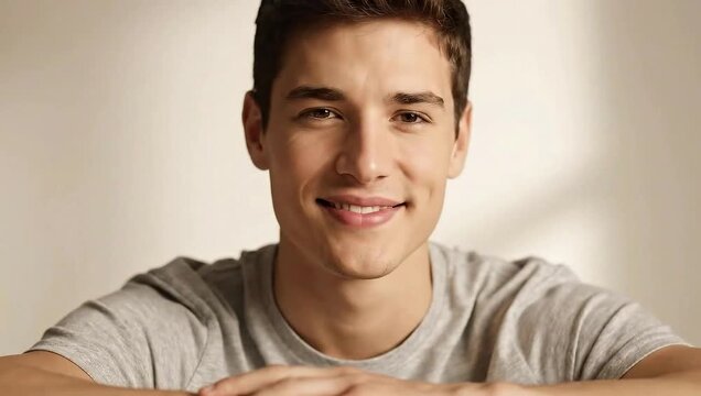 Handsome young man smiles warmly, his eyes sparkling with joy, radiating confidence and charm, a perfect portrait of youthful optimism