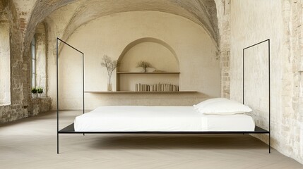 This stylish bedroom showcases a black metal-framed bed with white sheets against a brick wall, complemented by bookshelves and a spacious window that provides ample natural light