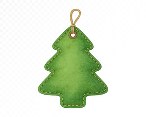 Felt Christmas tree ornament with stitched edges, simple green handmade holiday hanging decoration in minimalist textile craft style. Watercolor vector illustration.