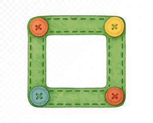 Felt square frame with stitched edges, decorated with colorful buttons in red, yellow, green and blue, cozy handmade festive holiday border. Watercolor vector illustration.