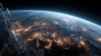 Earth from Space: A Stunning View of City Lights, Atmosphere, and Futuristic Structures