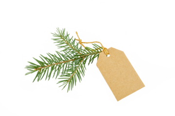 brown christmas card or gift tag with fir tree twig isolated on white or transparent png