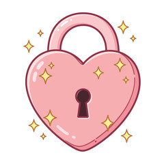 A charming cartoon illustration of a shiny pink heart-shaped padlock, adorned with twinkling golden sparkles.