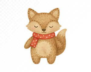 Felt fox ornament with stitched edges, cute woodland animal wearing red polka dot scarf, cozy handmade festive holiday decoration in textile craft style. Watercolor vector illustration.