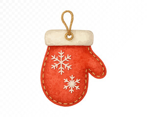 Felt Christmas mitten ornament with stitched edges, decorated with white snowflakes and cozy fur trim, handmade festive holiday hanging decoration. Watercolor vector illustration.
