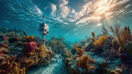 Climate monitoring station: Underwater temperature array displaying real-time thermal changes in coral reef ecosystems  
