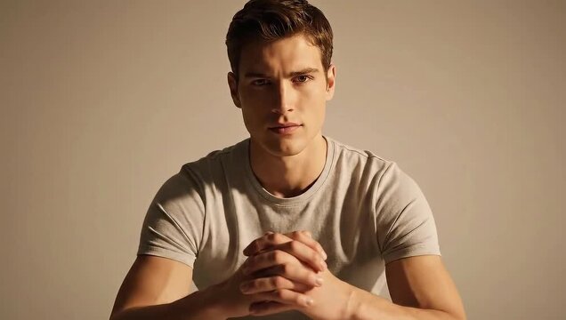 Handsome man with intense gaze confidently prepares for a dynamic interview, ready to impress, exuding poise and charisma during a pivotal career moment