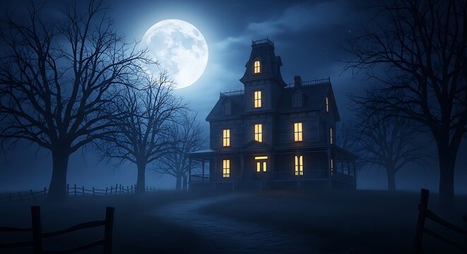 A hauntingly atmospheric night scene features a large, old Victorian-style house with dimly lit windows glowing warmly from within, standing in stark contrast to its eerie surroundings.