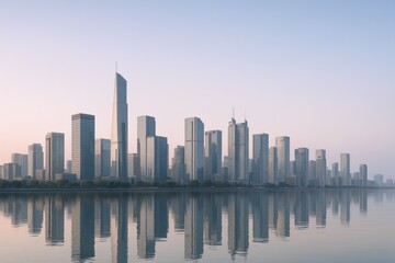 Obraz premium Modern Cityscape Reflected in Calm Waters at Dawn - Urban Skyline and Tranquil Water Reflection