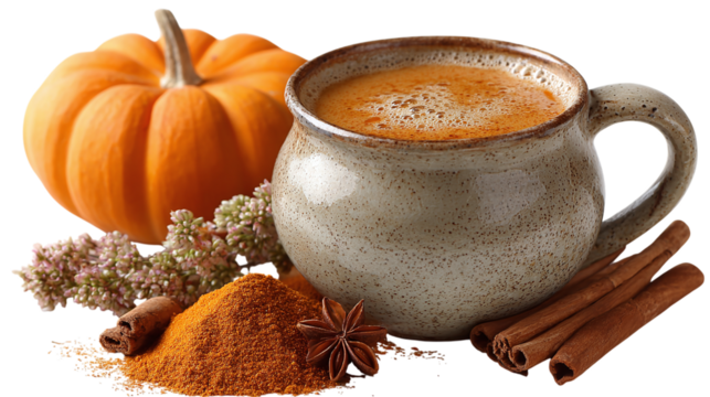 Pumpkin spice themed Halloween coffee party invitation with mug and cinnamon stick accents, isolated on transparent background 