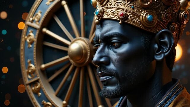 Lord Shani's divine presence visualized on a celestial wheel, a 4k video of spiritual energy and cosmic power, ideal for devotional projects.