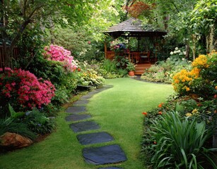 A charming garden with a wooden gazebo, vibrant flowers, and a meandering stone path, showcasing a peaceful and colorful outdoor space.