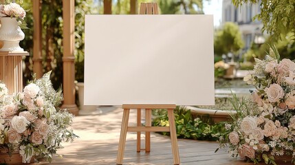 Elegant Blank Canvas on Easel Displayed Amidst Floral Wedding Decorations for Customizable Signage